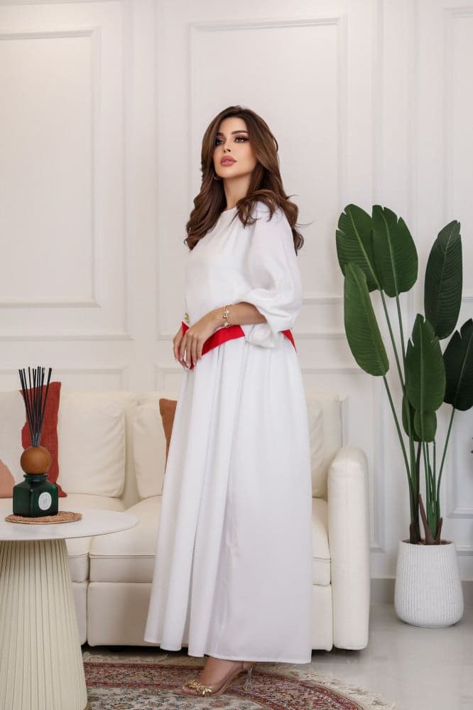 جلابية رمضان ابيض بتطريز احمر