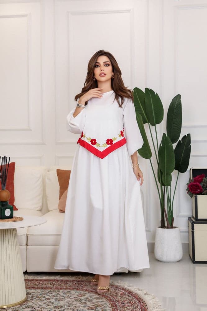 جلابية رمضان ابيض بتطريز احمر