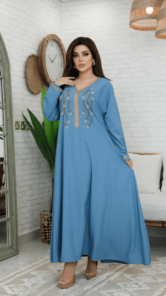 جلابية بلون سماوي مطرزه بذهبي