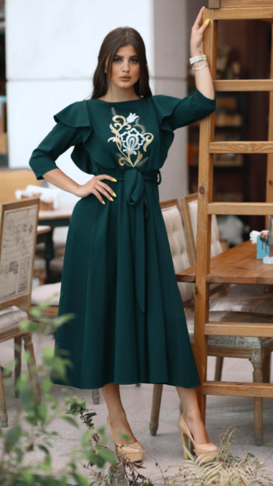 فستان سهرة زيتي مطرز ميد